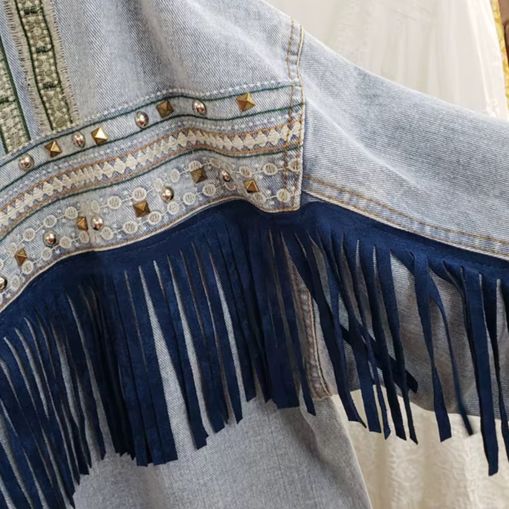 Black Vintage Wash Studded Floral Embroidered Tassel Button Down Jean jacket - Picture 7 of 11